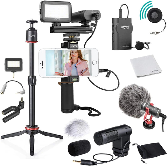 Movo V8 Huge Vlogging Kit for iPhone with Tripod Grip Microphones LED Lights and Wireless Remote Vlog Kit - YouTube Starter Kit for iPhone or Samsung - iPhone Vlogging Kit Equipment