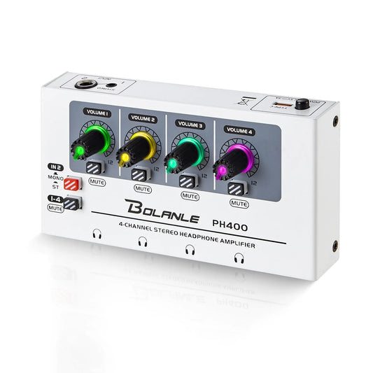 Bolanle PH400 4-Channel Headphone Amplifier 3.5mm&6.35mm Jacks Headphone Splitter with 8 Headphone Output Port Compact Headphone Amp with Mono and Stereo Switch 7 Color Breathing Light.